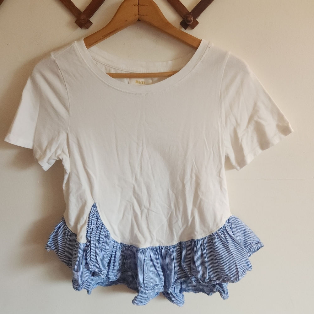 Mauve Anthropologie White Short-Sleeve Top Blue Ruffle Hem Cotton Modal Small